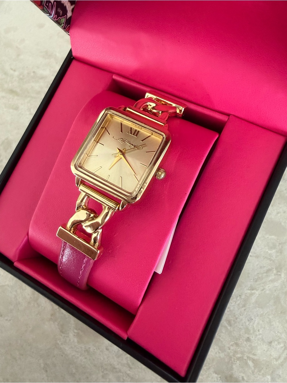 Ed Hardy Women's Quartz Watch Square Gold Tone Pink Chain Strap New